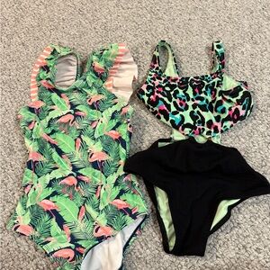 Ruffle Butts Flamingo Green Navy One-Piece with Neon Leopard Top & Black Bottoms